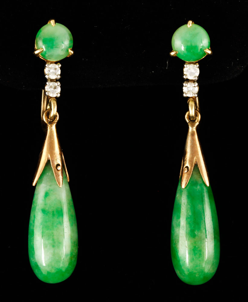 Appraisal: - Pr K Gold Diamond and Jade Earrings Pair K