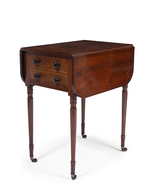 Appraisal: AN EARLY VICTORIAN ROSEWOOD DROP LEAF WORK TABLE with satinwood