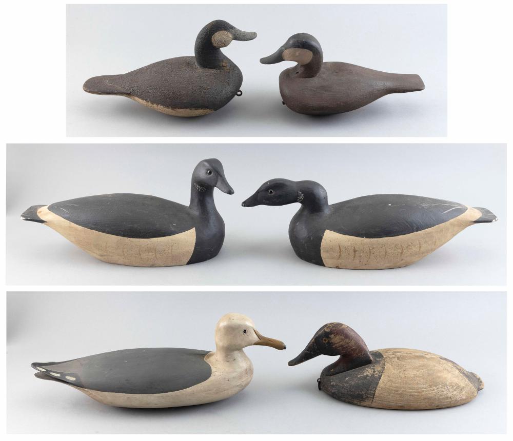 Appraisal: SIX ANTIQUE-STYLE DECOYS Late th Century Two ruddy ducks a