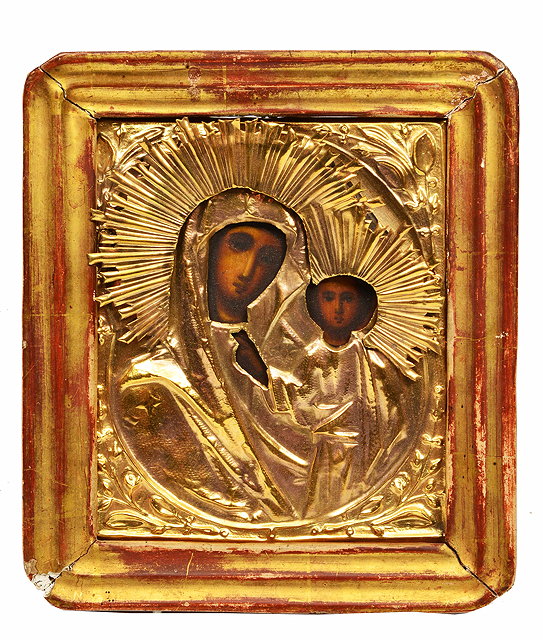 Appraisal: A RUSSIAN GILT METAL MOUNTED ICON MARY AND THE CHRIST