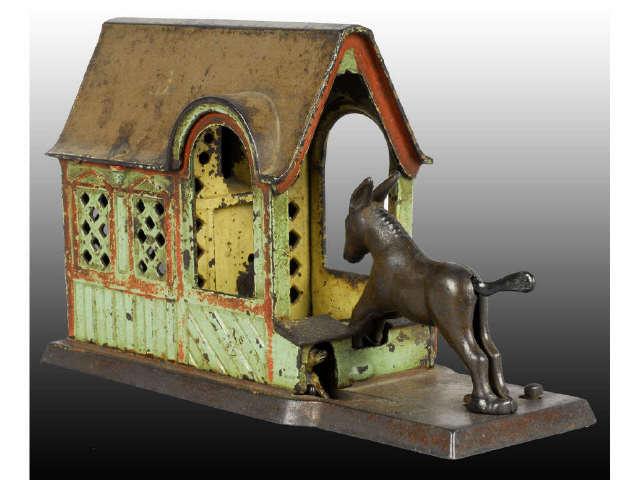 Appraisal: Cast Iron Mule Entering Barn Mechanical Bank Description All original