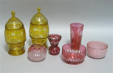 Appraisal: GROUP OF SEVEN PIECES OF COLORED GLASS Including a pair