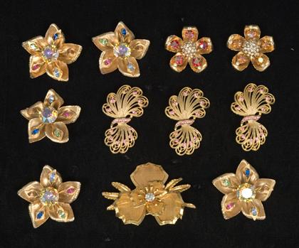 Appraisal: Group of large gold and rhinestone pins s Several signed