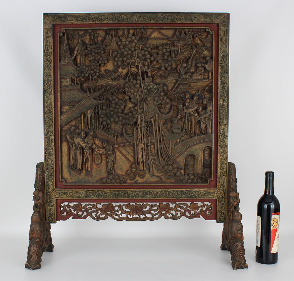 Appraisal: Large Carved Chinese Figural Table Screen Large Carved Chinese Figural