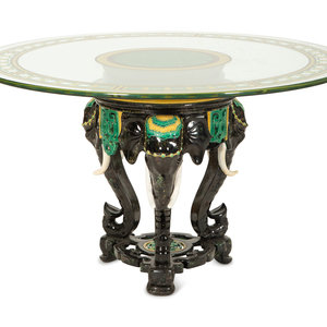 Appraisal: A Glazed Ceramic Elephant Base Table with Painted Glass Top