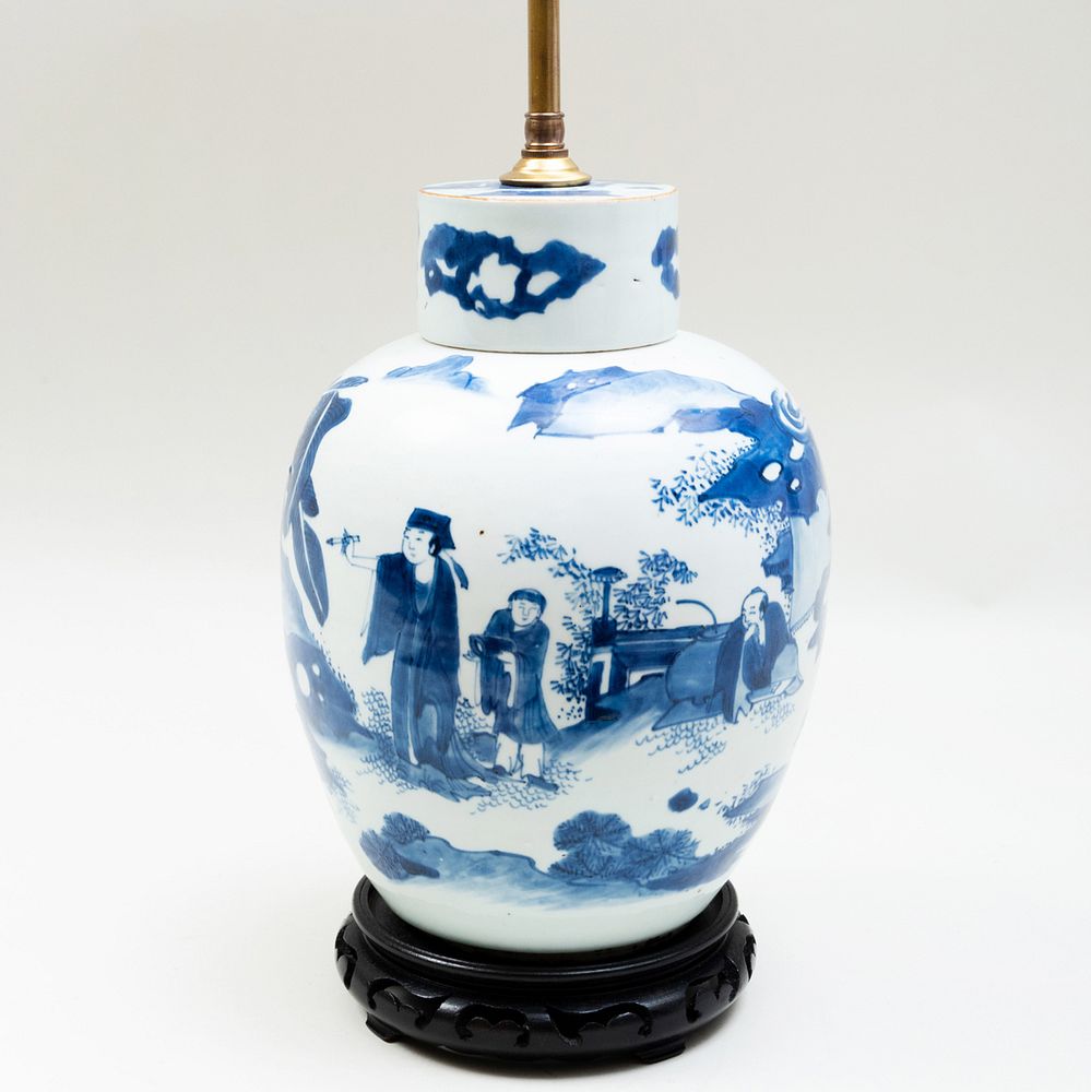 Appraisal: Chinese Blue and White Ginger Jar with Cover Mounted as