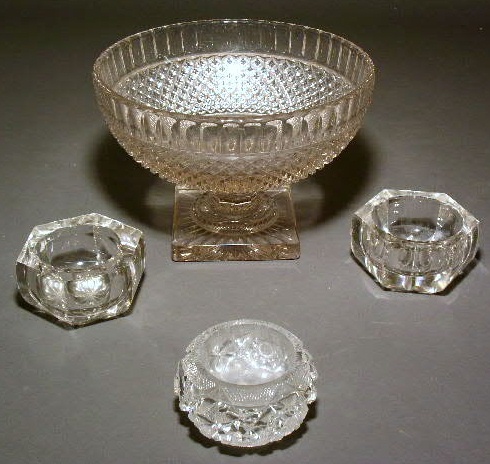 Appraisal: Pressed glass compote h x diam and three master salts