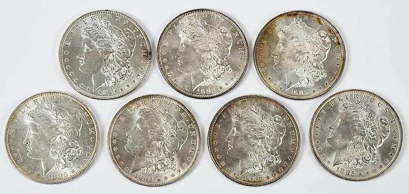 Appraisal: Group of Seven Mint State Morgan Dollars -S some doubling