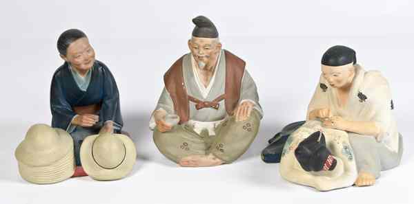 Appraisal: Hakata Urusaki Dolls Japanese includes three ceramic seated figures with