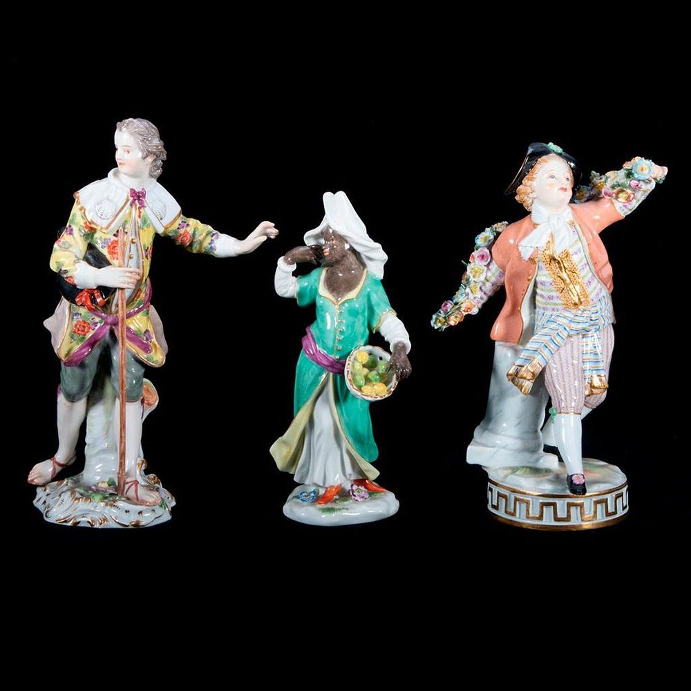 Appraisal: Three Meissen Figures Boy with garland of flowers Woman with