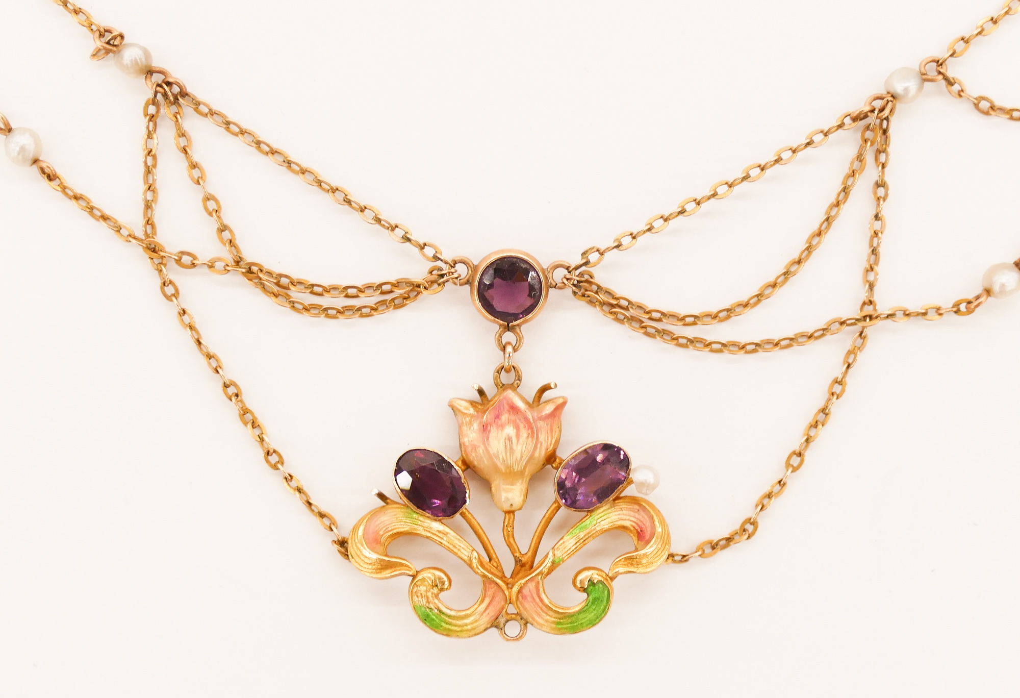 Appraisal: Lady's Art Nouveau k Amethyst Floral Festoon Necklace '' Polychrome