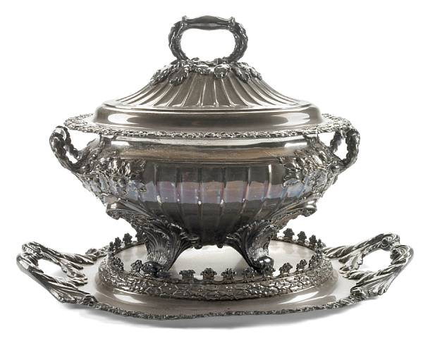 Appraisal: A Sheffield plate covered soup tureen on stand The oval