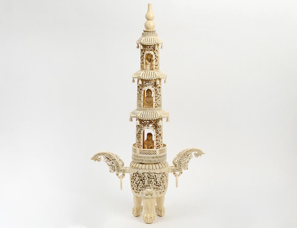 Appraisal: LARGE AND IMPRESSIVE CARVED IVORY PAGODA Chinese Signed The three