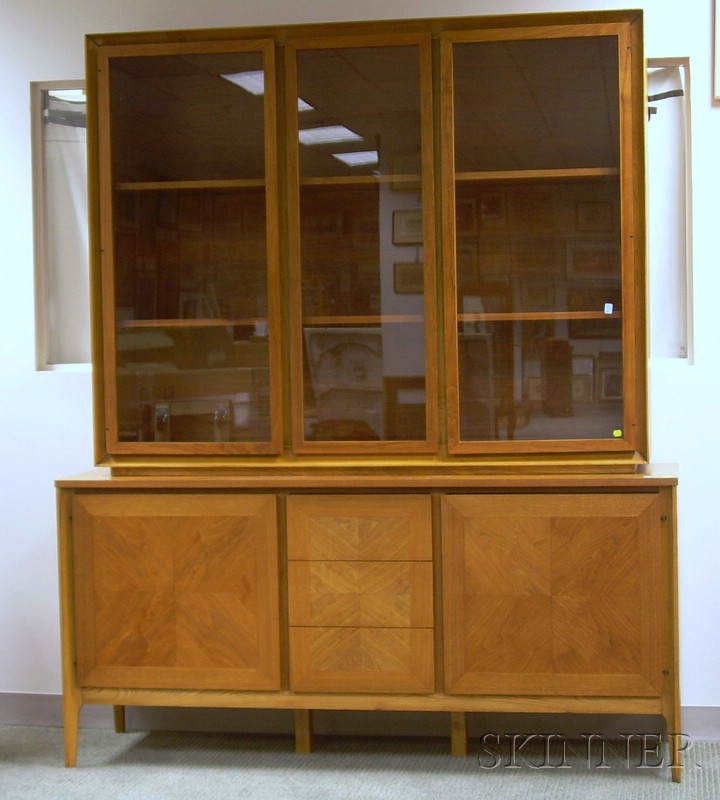 Appraisal: Lane Modern Glazed Walnut Two-Part Breakfront the upper section with