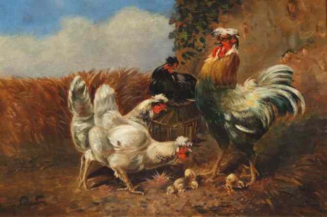 Appraisal: HENRY SCHOUTEN - Cockerel and chickens outside around a nest