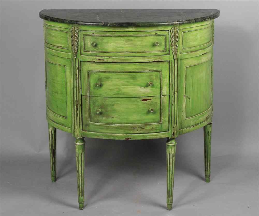 Appraisal: CONTINENTAL NEOCLASSICAL STYLE GREEN PAINTED MARBLE TOP DEMILUNE CABINET the