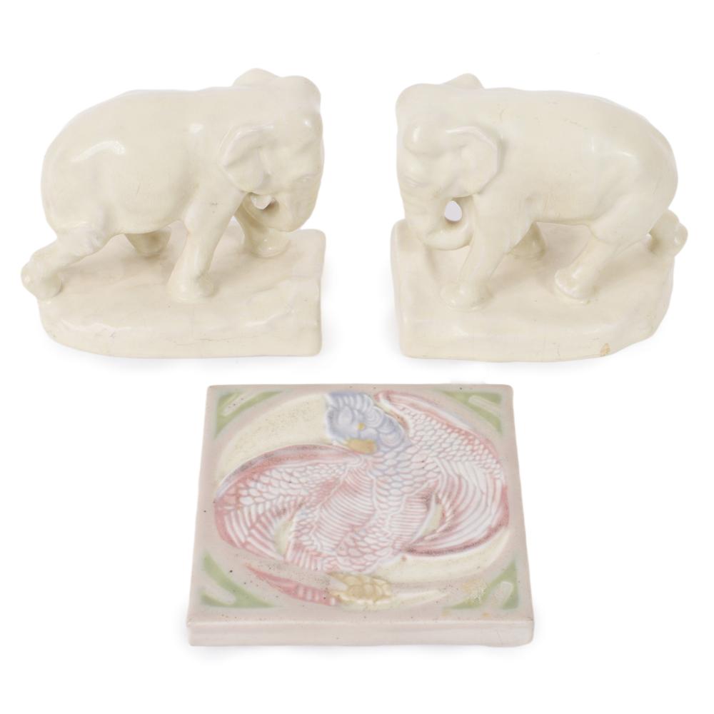 Appraisal: ROOKWOOD MATTE CREAM ELEPHANT BOOKENDS D PARROT TILE H X