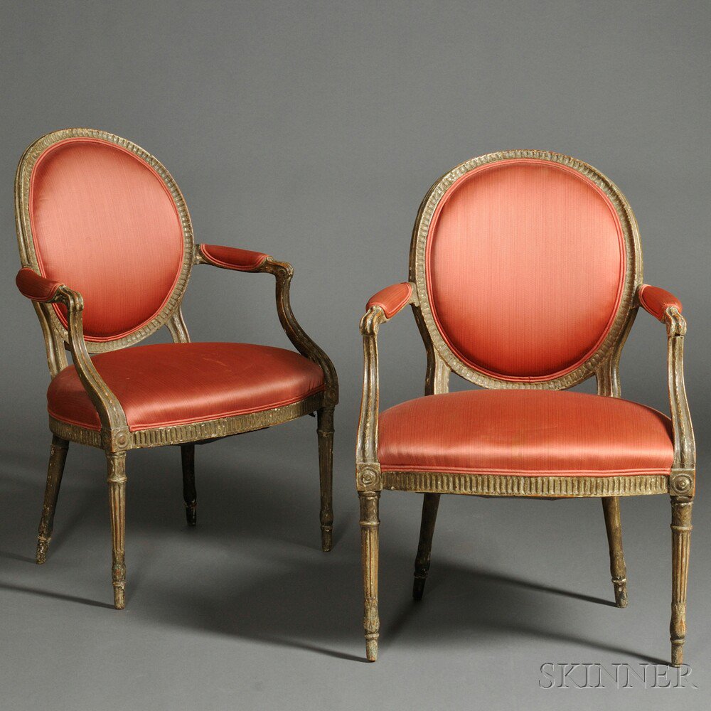 Appraisal: Pair of Neoclassical Upholstered Gray-painted Armchairs possibly England th century