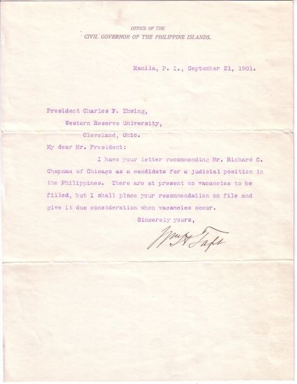 Appraisal: TAFT WILLIAM HOWARD Brief Typed Letter Signed WmHTaft as Civil