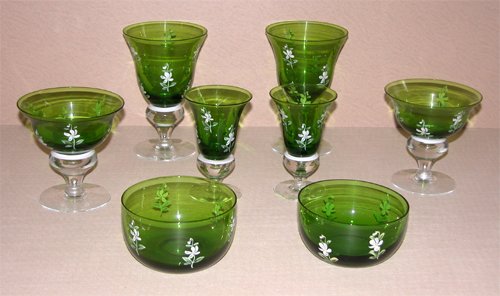 Appraisal: Artist Title Set of Handpainted Green Glassware including water goblets