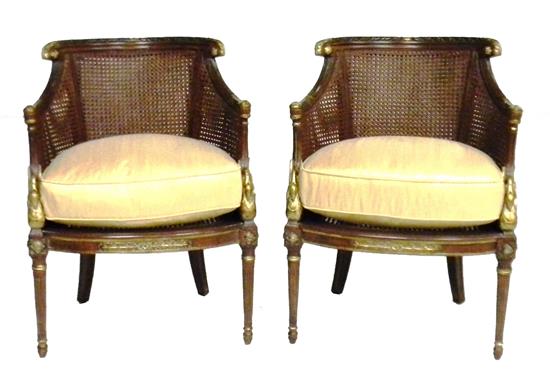 Appraisal: Pair of th C French style armchairs caned barrel back