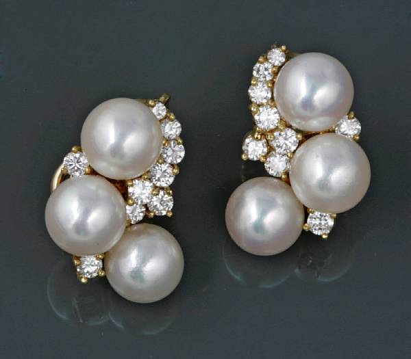 Appraisal: A pair of cultured pearl diamond and k gold ear-clips