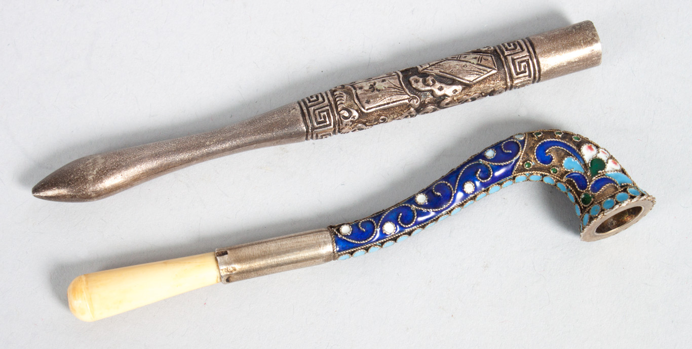 Appraisal: Russian cloisonne enamel silver pipe with St Petersburg kokoshnik hallmarks