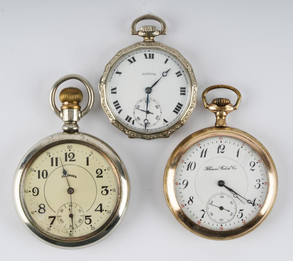 Appraisal: THREE ILLINOIS WATCH CO POCKET WATCHESthe st Illinois S Gold