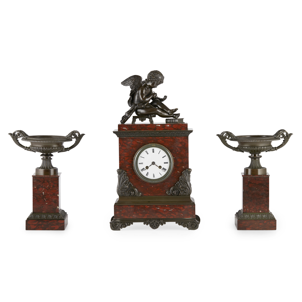 Appraisal: CHARLES X ROUGE MARBLE AND BRONZE CLOCK GARNITURE EARLY TH