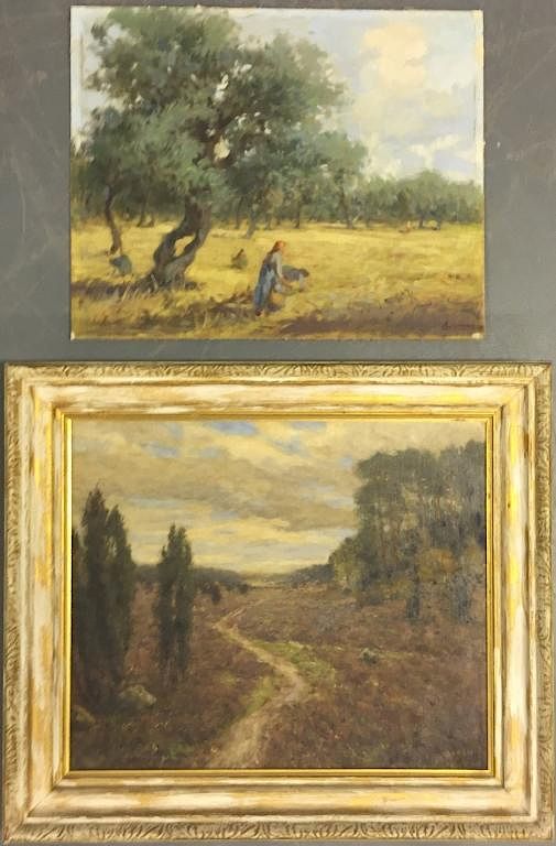 Appraisal: Unframed Oil on Board of Figures in a Field Unframed