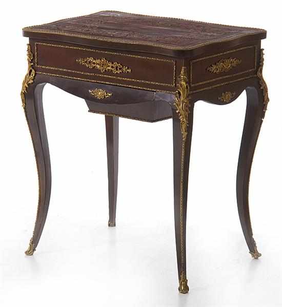 Appraisal: Louis XV style bronze-mounted boulle sewing stand serpentine bronze-mounted top