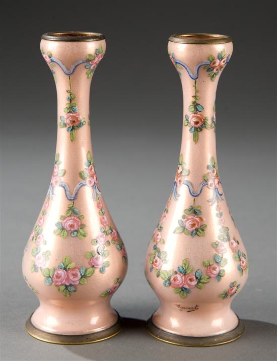 Appraisal: Pair of pink hand painted floral enamel vases Rose and