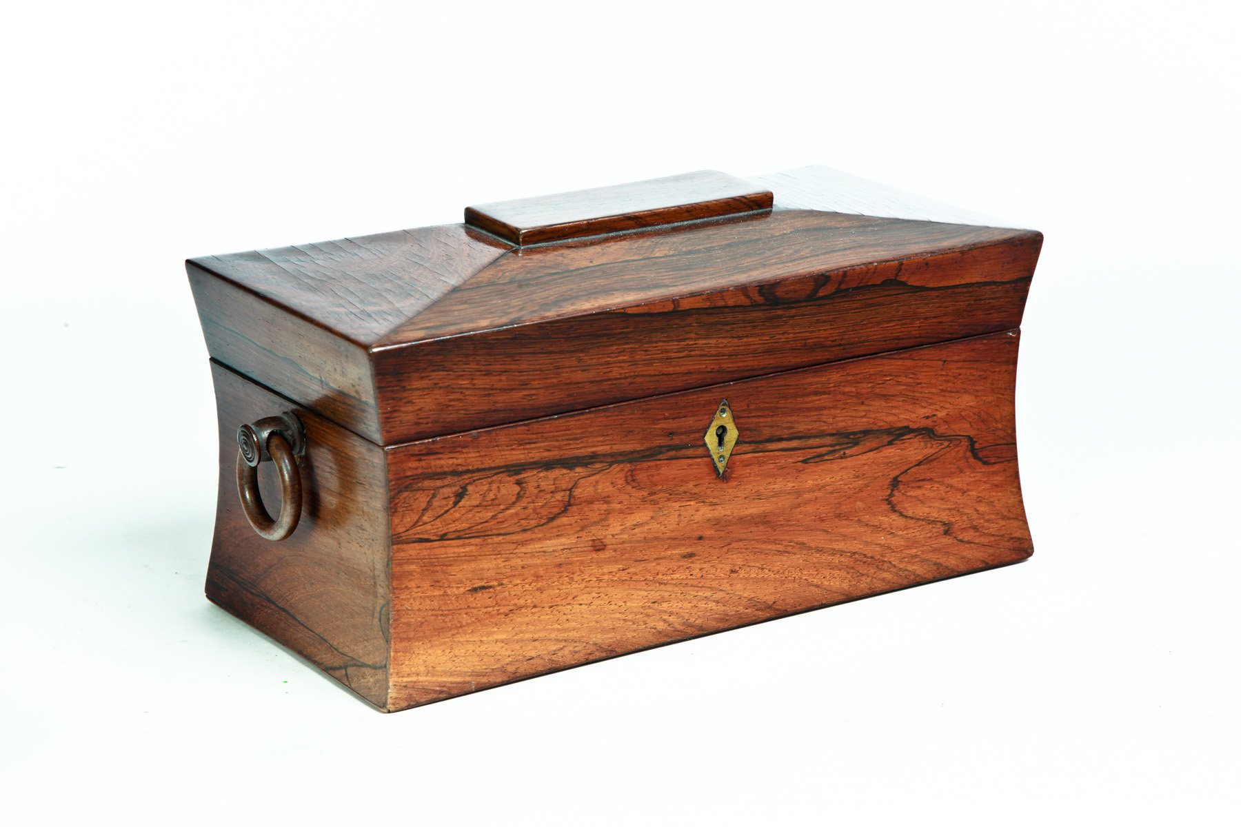 Appraisal: ENGLISH TEA CADDY Mid th century rosewood veneer Sarcophagus lid