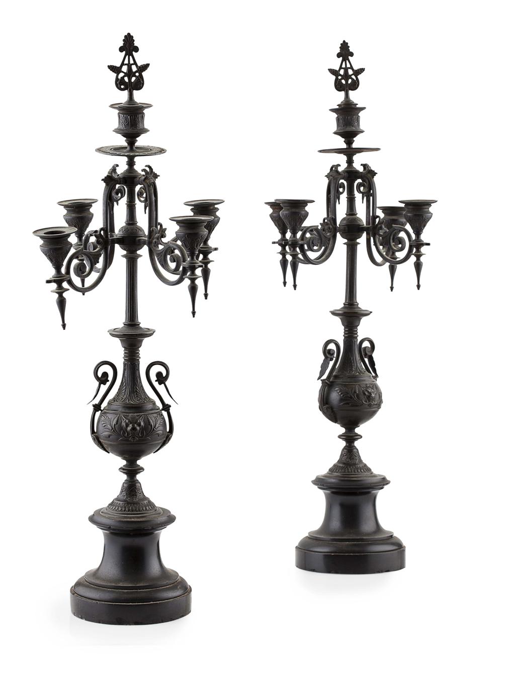 Appraisal: PAIR OF PATINATED BRONZE AND SLATE CANDELABRA TH CENTURY in