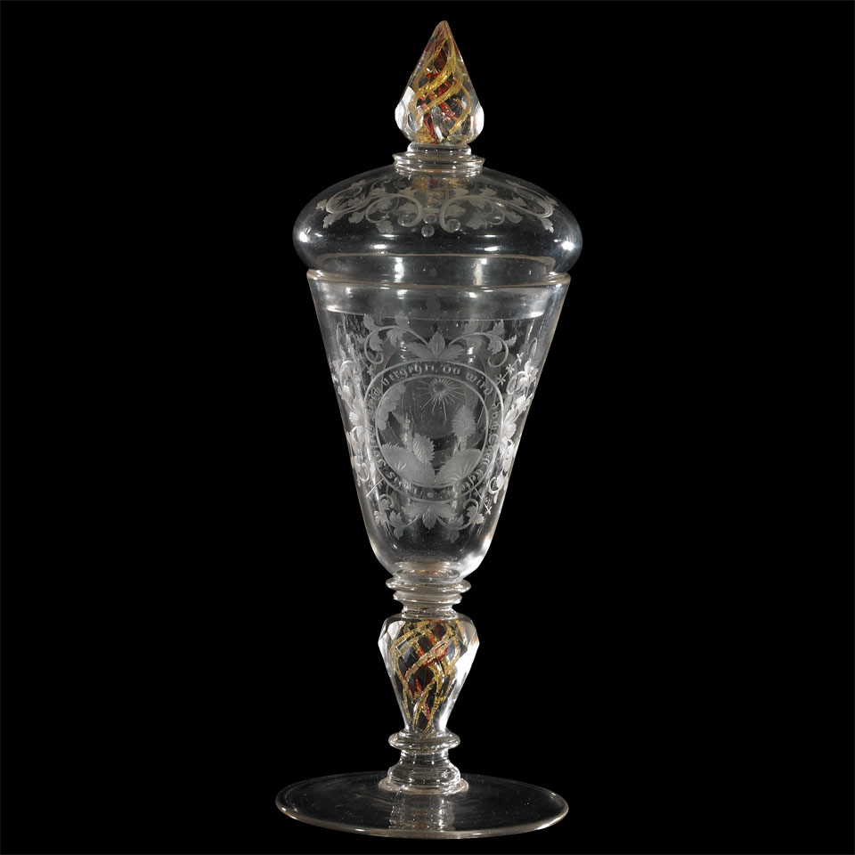 Appraisal: Silesian or Bohemian Engraved Glass Covered Goblet c with red