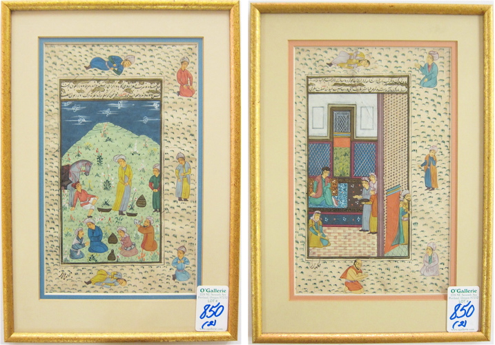 Appraisal: PAIR ISLAMIC PAINTINGS each having framed inset rectangular scenes of