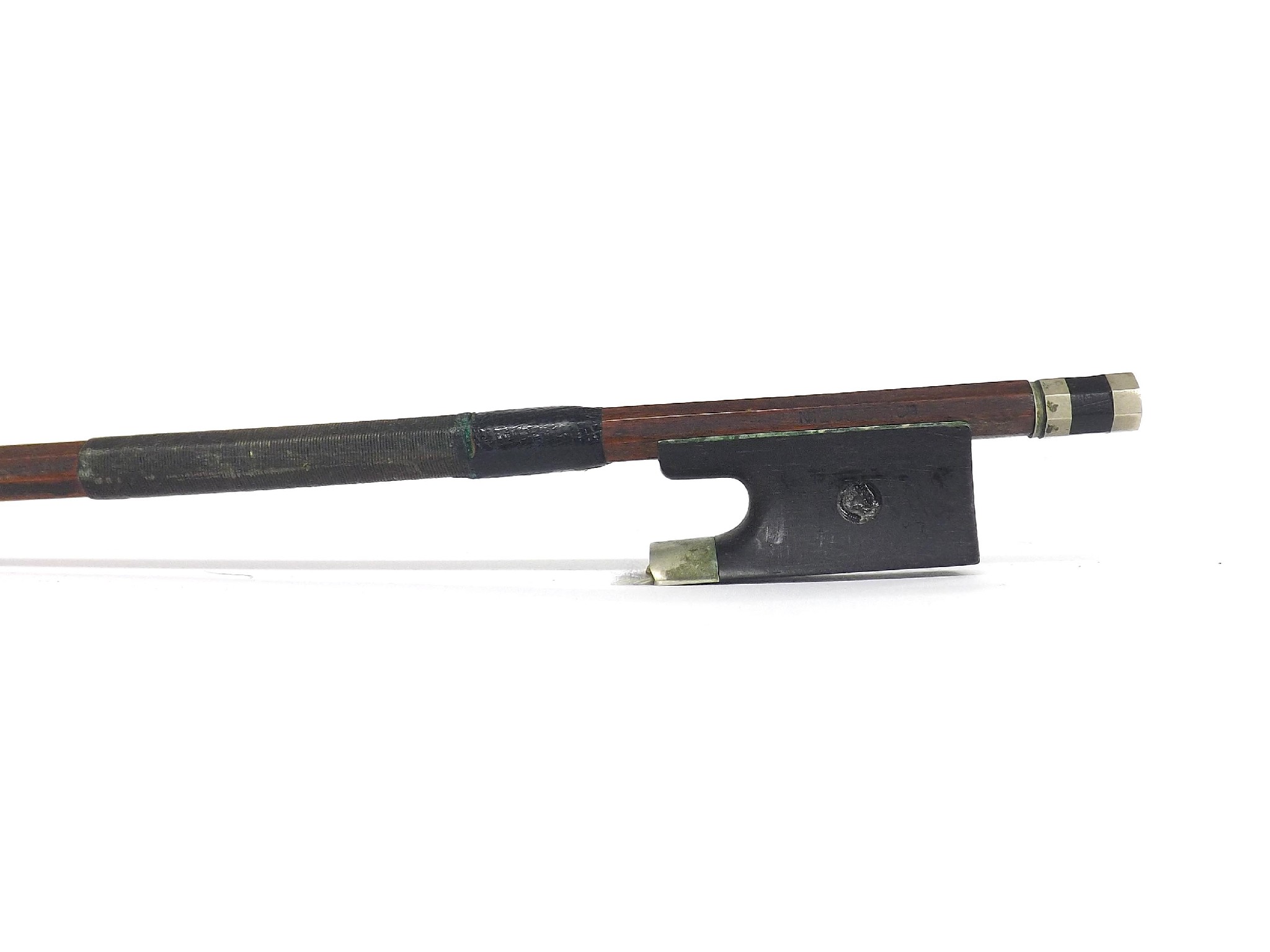 Appraisal: French nickel mounted violin bow by and stamped Louis Bazin