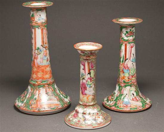 Appraisal: Three Chinese Export Rose Medallion porcelain candlesticks fourth quarter- th