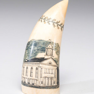 Appraisal: A Scrimshaw Sperm Whale's Tooth th Century depicting a large