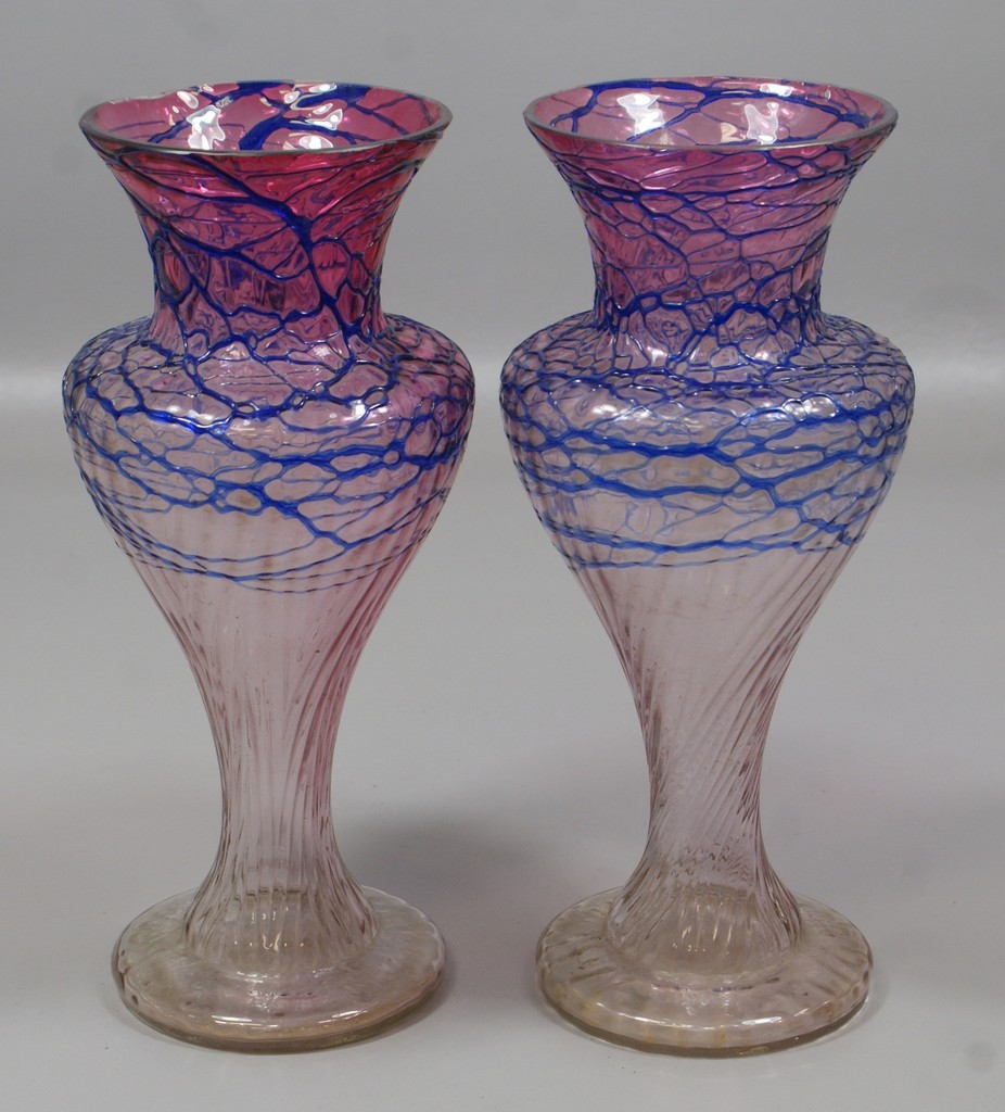 Appraisal: Pr Bohemian cranberry to clear swirled pattern art glass vases