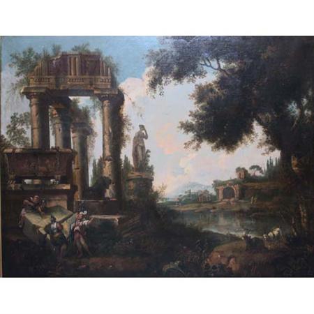 Appraisal: Follower of Giovanni Paolo Pannini Landscape with Figures and Classical