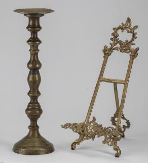 Appraisal: Brass candlestick table easel Two Continental table items a brass