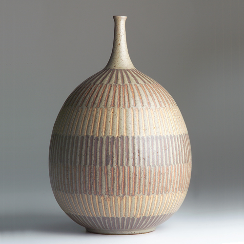 Appraisal: CLYDE BURT Gourd-shaped stoneware vessel with rows of incised bars