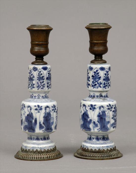 Appraisal: Pair of Chinese Brass-Mounted Blue and White Porcelain Candlesticks in