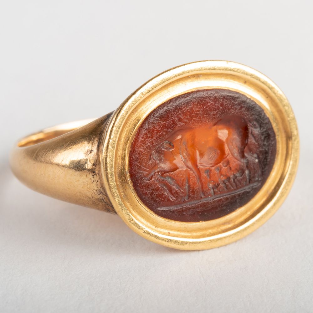 Appraisal: Carnelian Agate Intaglio of a Pig Set in a Gold