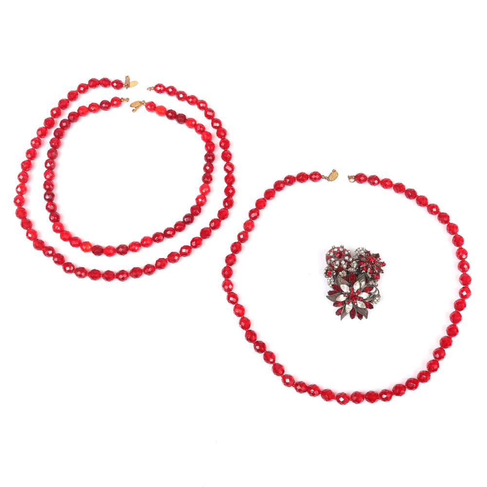 Appraisal: MIRIAM HASKELL PC GROUP WITH THREE RED FACETED CRYSTAL BEAD