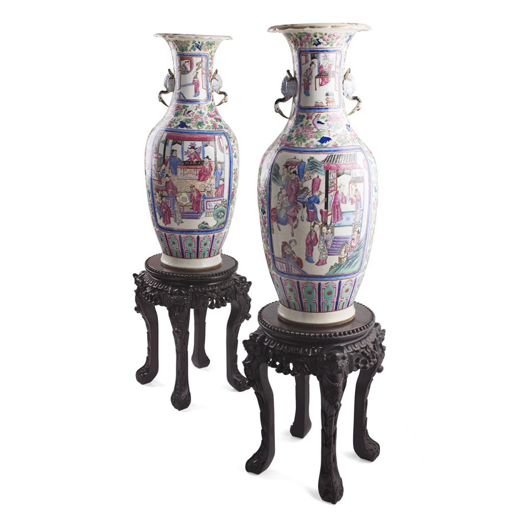 Appraisal: PAIR OF CANTON BALUSTER VASES AND STANDS QING DYNASTY TH