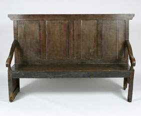 Appraisal: th Century Large recessed panel wood bench curvelinear arms mortise