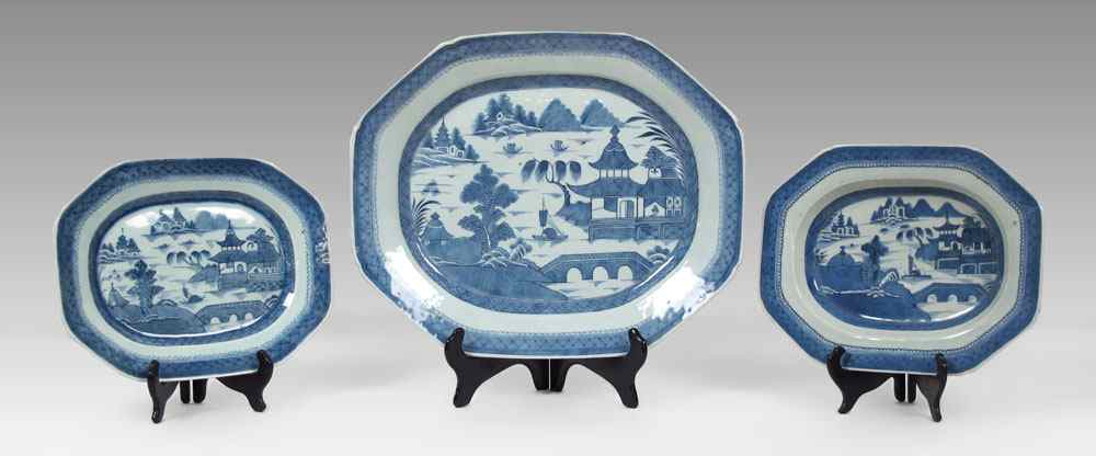 Appraisal: CANTON BLUE AND WHITE OCTAGONAL PLATTERS The largest being ''