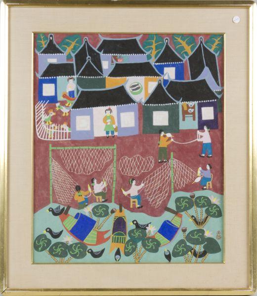 Appraisal: Chinese Jinshan Folk Painting Weaving the Nets gouache on paper